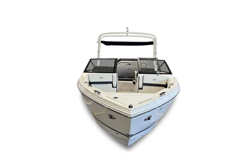 Slide: The Image of 2026 Cobalt R6 boat, front view, sleek design with open bow seating. - 8