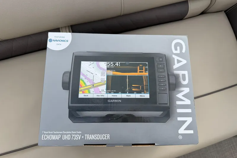 Slide: The Image of Garmin ECHOMAP UHD 73SV with transducer on Sun Tracker Party Barge 20 DLX, 2022 model. - 14