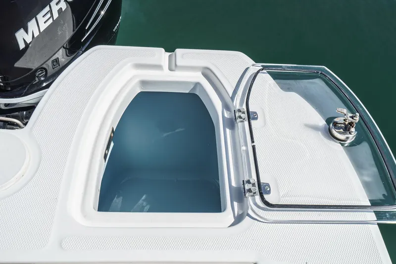 Slide: The Image of Livewell on 2016 Boston Whaler 315 Conquest boat, featuring a transparent lid and sleek design. - 16