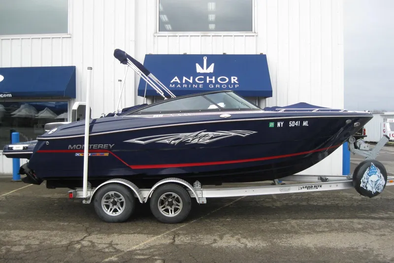 Slide: The Image of 2015 Monterey 218SS Super Sport boat on trailer at Anchor Marine Group. - 1