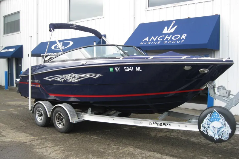 Slide: The Image of 2015 Monterey 218SS Super Sport boat on trailer at Anchor Marine Group. - 2
