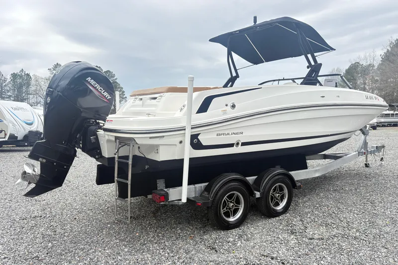 Slide: The Image of 2022 Bayliner VR6 Bowrider OB on trailer with Mercury outboard engine. - 3