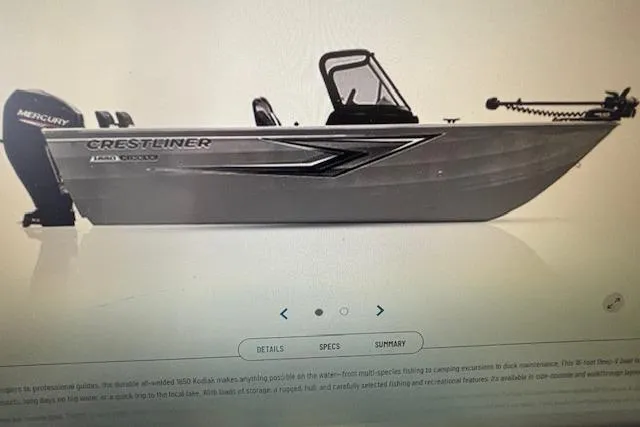 Slide: The Image of 2026 Crestliner 1650 Hawk fishing boat with Mercury outboard motor, side view. - 5