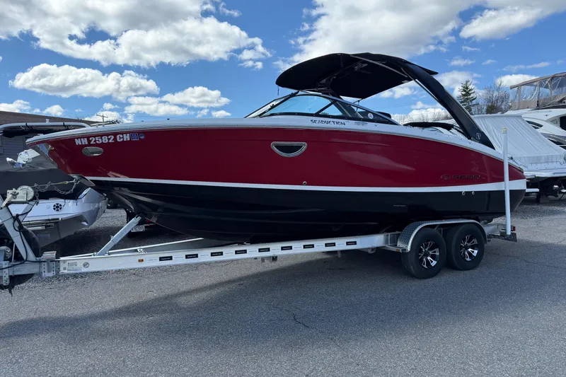 Slide: The Image of 2021 Regal LS6 boat on trailer, red and black design, parked outdoors under cloudy sky. - 18