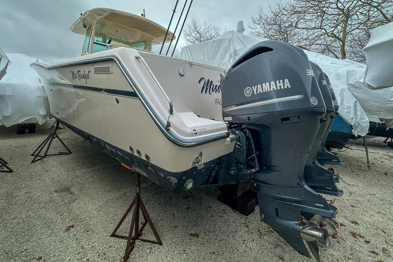 Slide: The Image of 2011 Grady-White Canyon 366 boat with Yamaha engines on stands. - 8
