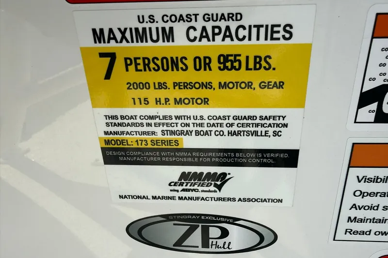 Slide: The Image of 2026 Stingray 173 CC boat capacity label: 7 persons, 955 lbs, 115 HP motor. - 13