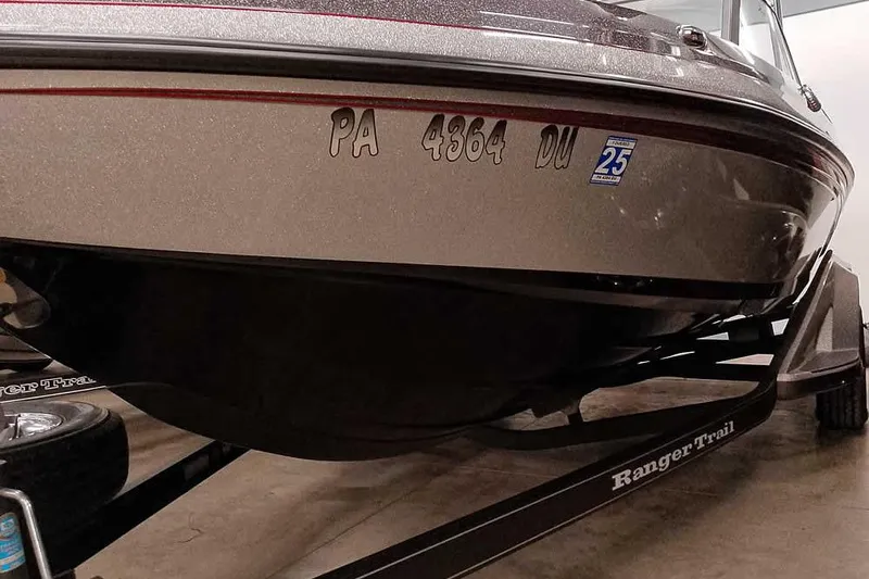 Slide: The Image of 2018 Ranger 1880MS Angler boat on trailer, registration PA 4364 DU visible. - 11