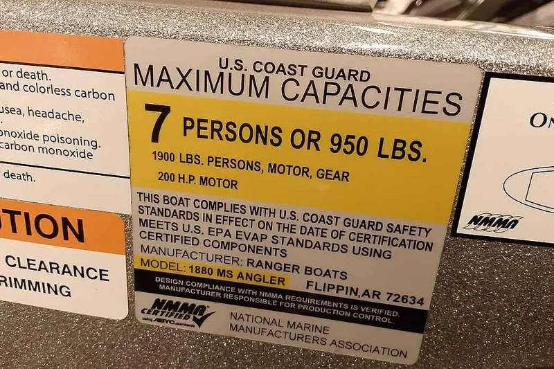 Slide: The Image of 2018 Ranger 1880MS Angler capacity label, 7 persons or 950 lbs, 200 HP motor. - 32