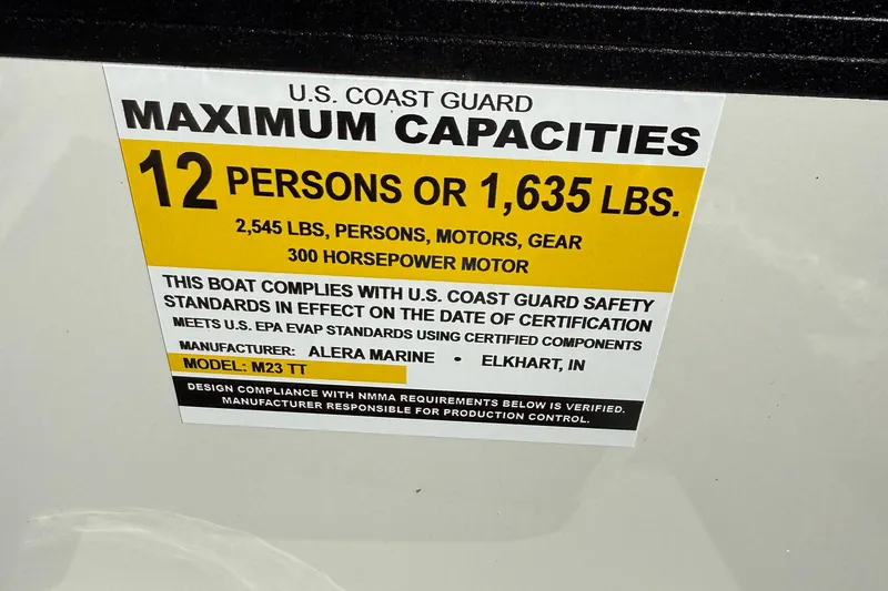 Slide: The Image of U.S. Coast Guard capacity label for Alera M23Q, 2026 model, 12 persons or 1,635 lbs. - 21