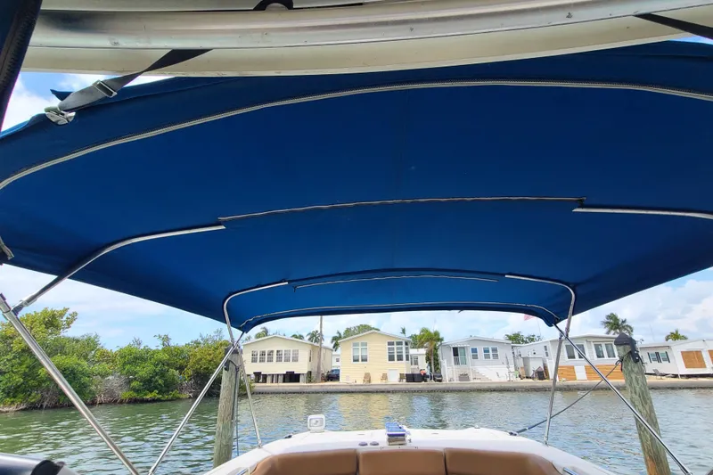 Slide: The Image of 2010 World Cat 290 DC boat with blue canopy, docked near waterfront homes. - 18
