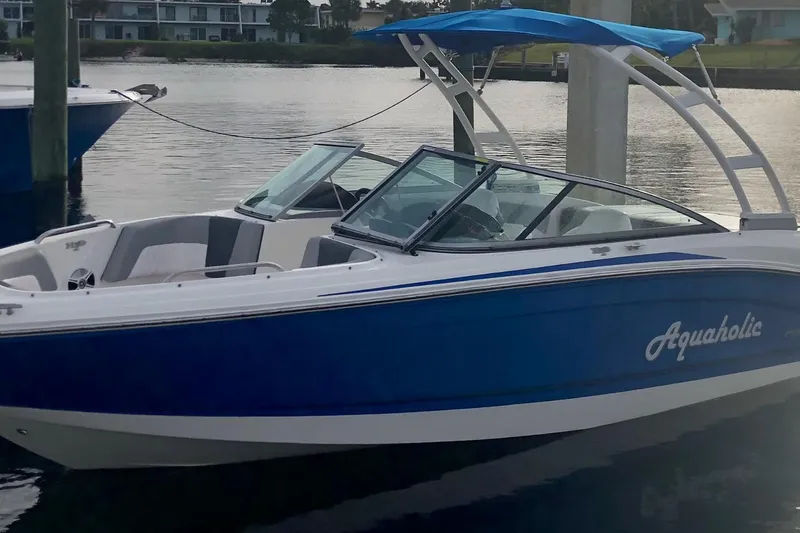 Slide: The Image of 2019 Chaparral 21 H2O Sport boat docked, featuring blue and white design with "Aquaholic" name. - 3