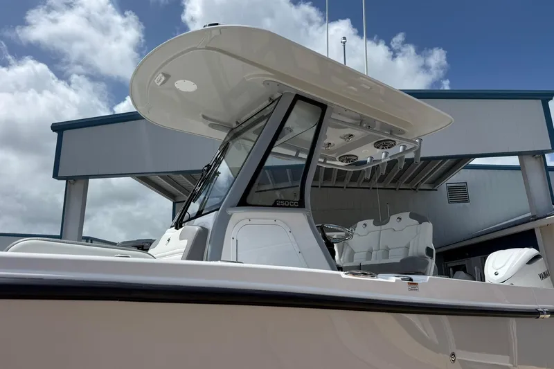 Slide: The Image of 2026 Edgewater 250CC boat with sleek design, under a cloudy sky. - 2