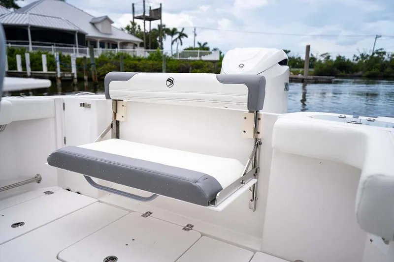 Slide: The Image of Manufacturer Provided Image: 2026 Edgewater 250CC boat with foldable seat, docked near waterfront homes. - 24