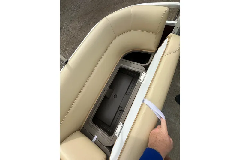 Slide: The Image of 2018 Princecraft Vectra 23 XT boat seat storage compartment open. - 17