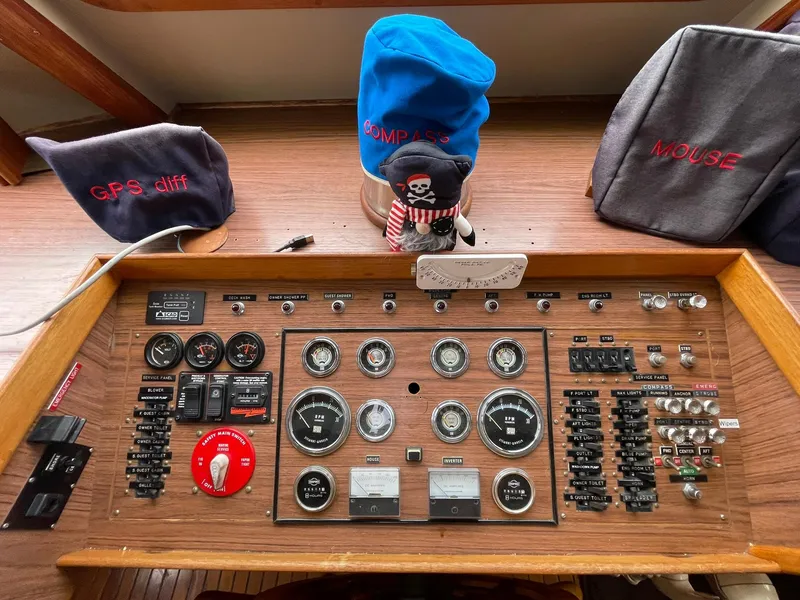 Slide: The Image of 1972 Grand Banks Alaskan 55 control panel with gauges and labeled covers. - 6