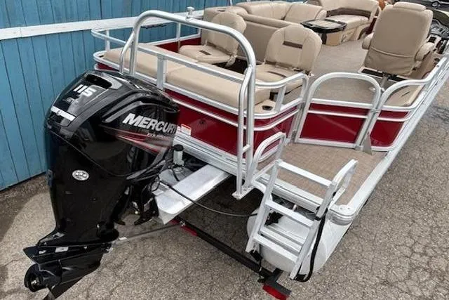 Slide: The Image of 2019 Sun Tracker SportFish 22 DLX pontoon boat with Mercury 115 outboard motor, beige seating. - 8