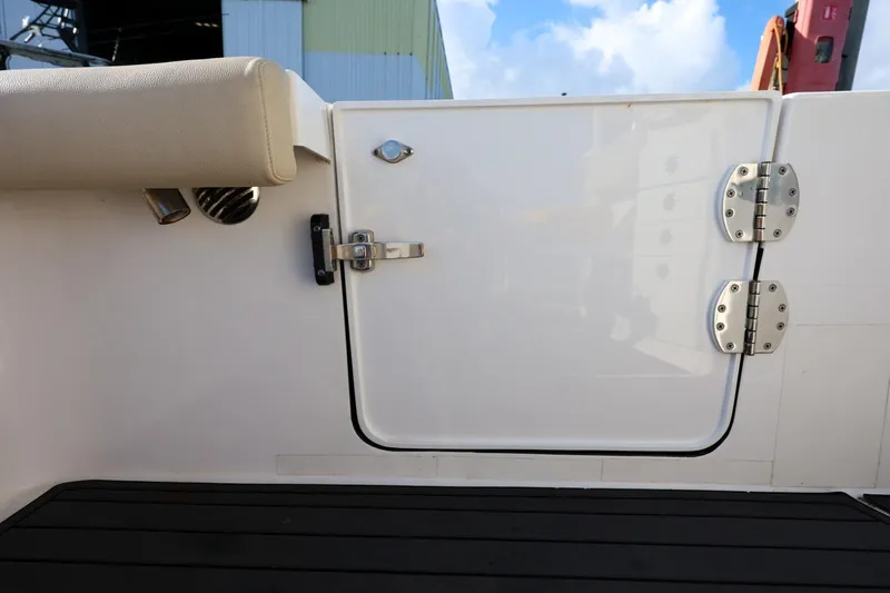Slide: The Image of 2017 Everglades 355 Center Console boat door with stainless steel hinges and latch. - 33