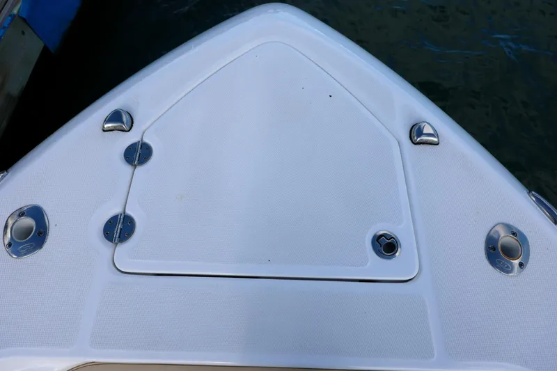 Slide: The Image of Bow deck of 2017 Everglades 355 Center Console boat with stainless steel fittings. - 63