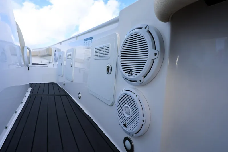 Slide: The Image of 2017 Everglades 355 Center Console boat speakers and deck view. - 94