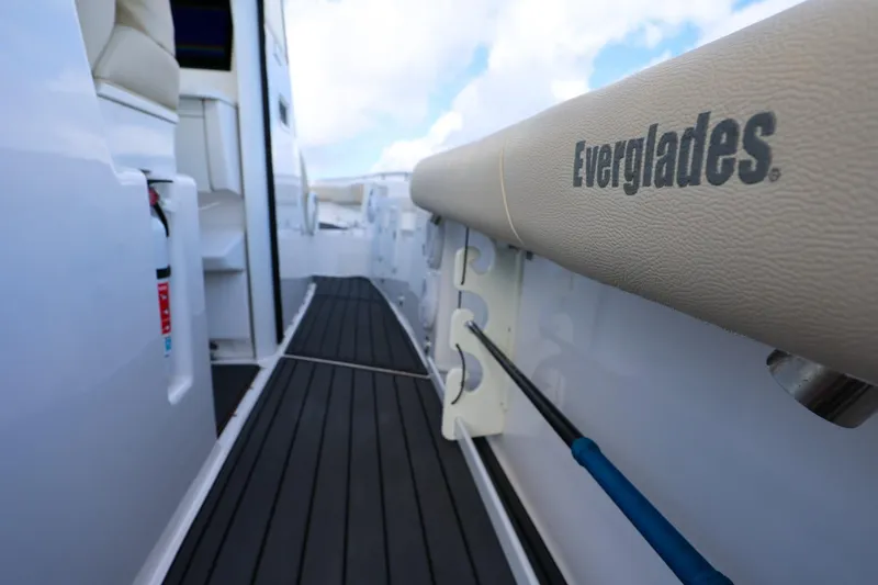 Slide: The Image of 2017 Everglades 355 Center Console boat interior with branded seating and sleek design. - 95