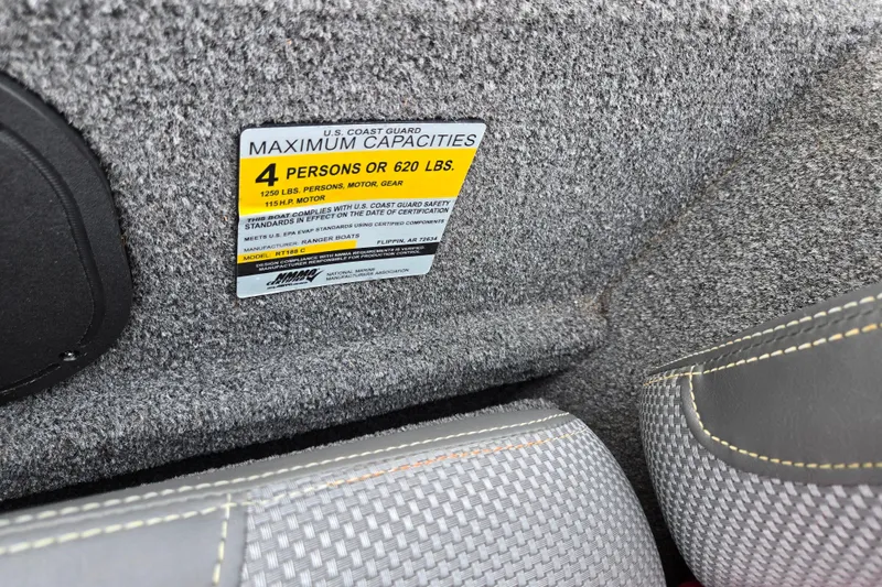 Slide: The Image of 2018 Ranger RT188C boat capacity label, indicating a maximum of 4 persons or 620 lbs. - 12