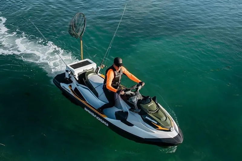 Slide: The Image of Manufacturer Provided Image: 2019 Sea-Doo Fish Pro 155 jet ski with fishing gear on the water. - 1