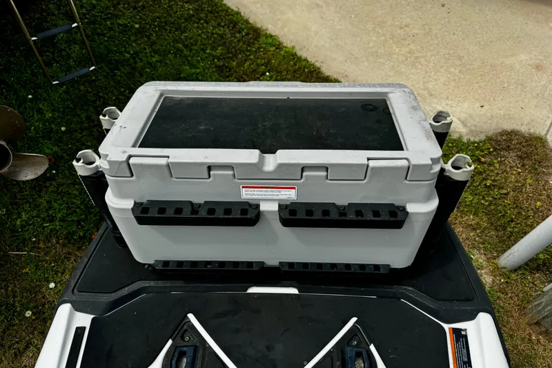 Slide: The Image of 2019 Sea-Doo FishPro 155 with fishing cooler and rod holders on deck. - 11