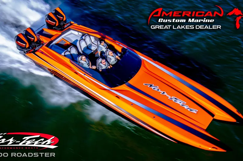 The Image of 2027 Nor-Tech 4000 Roadster speedboat in vibrant orange on water, American Custom Marine branding. - 0