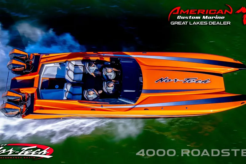 Slide: The Image of Orange 2027 Nor-Tech 4000 Roadster speedboat cruising on water, top view. - 1