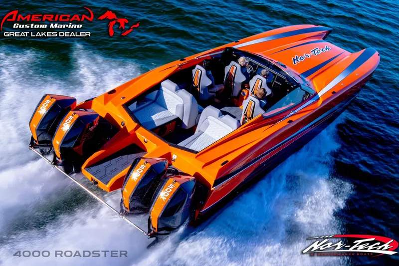 Slide: The Image of 2027 Nor-Tech 4000 Roadster speedboat in vibrant orange, cruising on open water. - 2