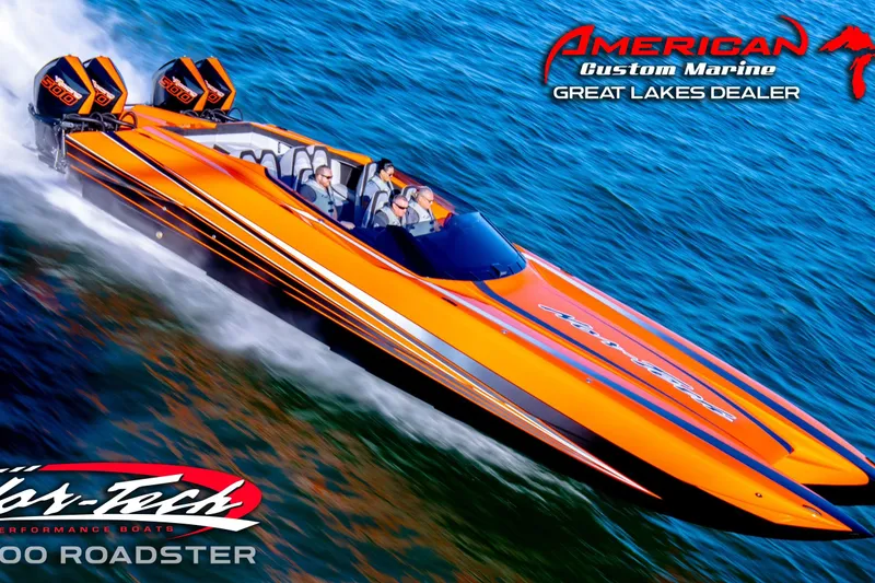 Slide: The Image of Nor-Tech 4000 Roadster 2027 speeding on water, vibrant orange design, American Custom Marine. - 4