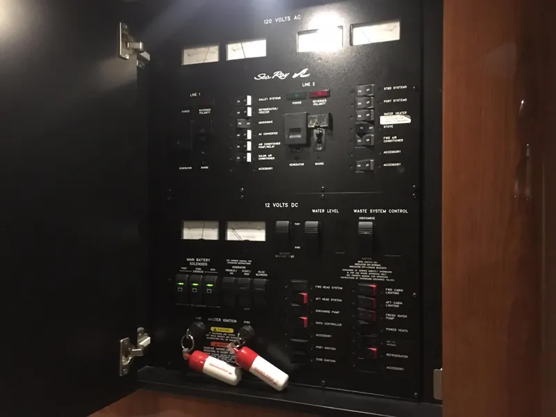 Slide: The Image of Electrical control panel of a 2000 Sea Ray 410 Sundancer yacht. - 40