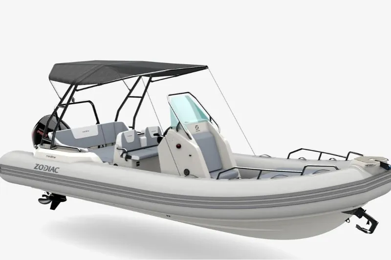 The Image of 2026 Zodiac Medline 6.8 boat with canopy, sleek design, and modern seating. - 0