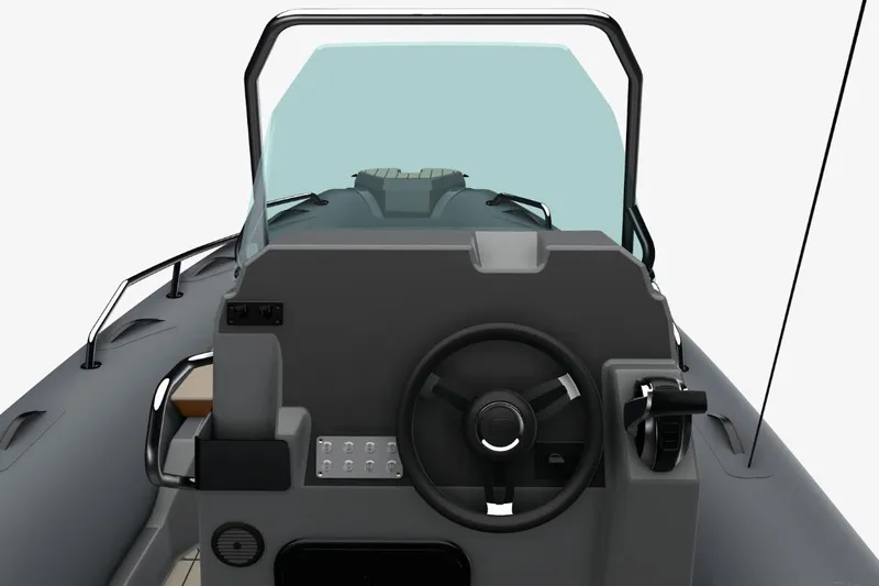 Slide: The Image of 2026 Zodiac Medline 6.8 boat dashboard with steering wheel and controls. - 11