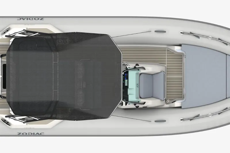 Slide: The Image of Top view of 2026 Zodiac Medline 6.8 boat with canopy and seating layout. - 2