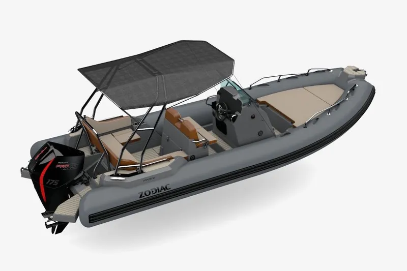 Slide: The Image of 2026 Zodiac Medline 6.8 boat with canopy and Mercury Pro XS 175 engine. - 3