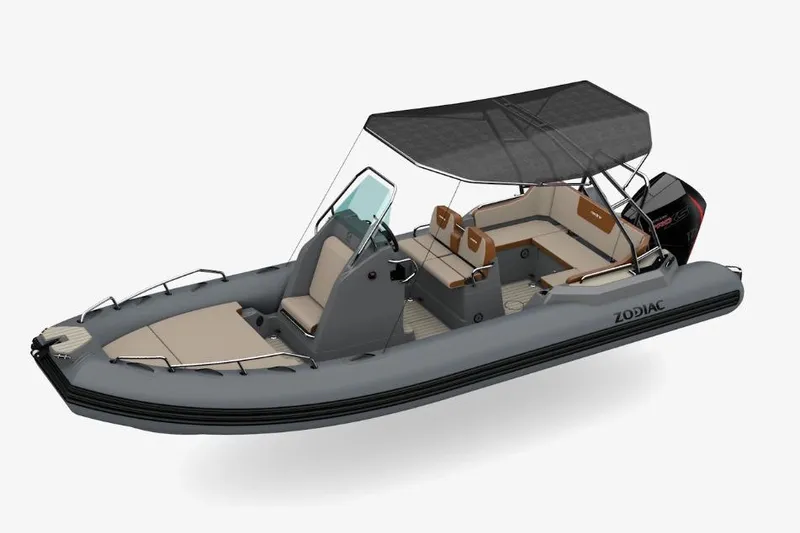 Slide: The Image of 2026 Zodiac Medline 6.8 inflatable boat with canopy and seating, side view. - 7