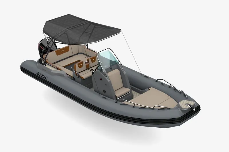 Slide: The Image of 2026 Zodiac Medline 6.8 inflatable boat with canopy, sleek design, and spacious seating. - 9