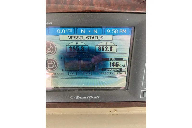 Slide: The Image of SmartCraft display showing vessel status and fuel levels on 2010 Sea Ray 370 Express Cruiser. - 17