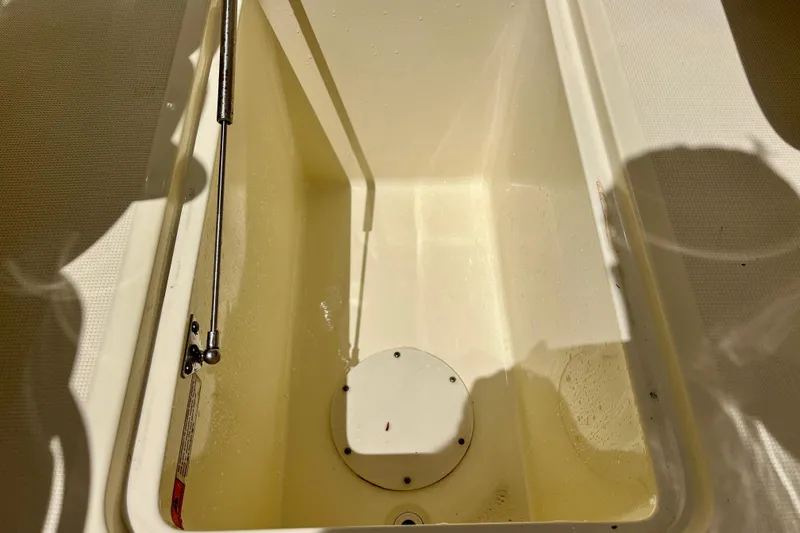 Slide: The Image of Storage compartment of a 2019 Chris-Craft Launch 27 boat, featuring hydraulic support. - 30