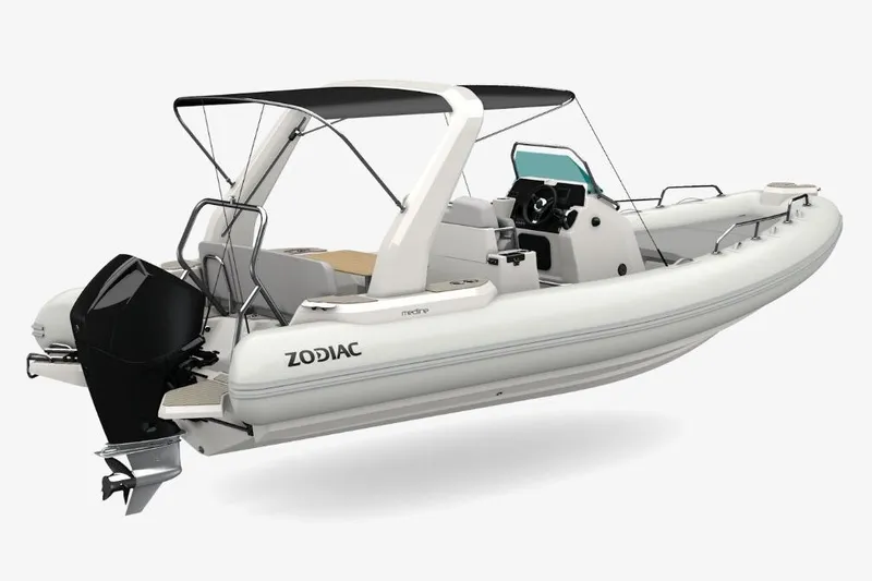 Slide: The Image of 2026 Zodiac Medline 7.5 inflatable boat with canopy and outboard motor, side view. - 11