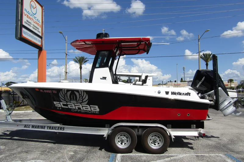 The Image of 2024 Wellcraft 223 Fisherman boat on trailer, displayed outdoors under a clear sky. - 0