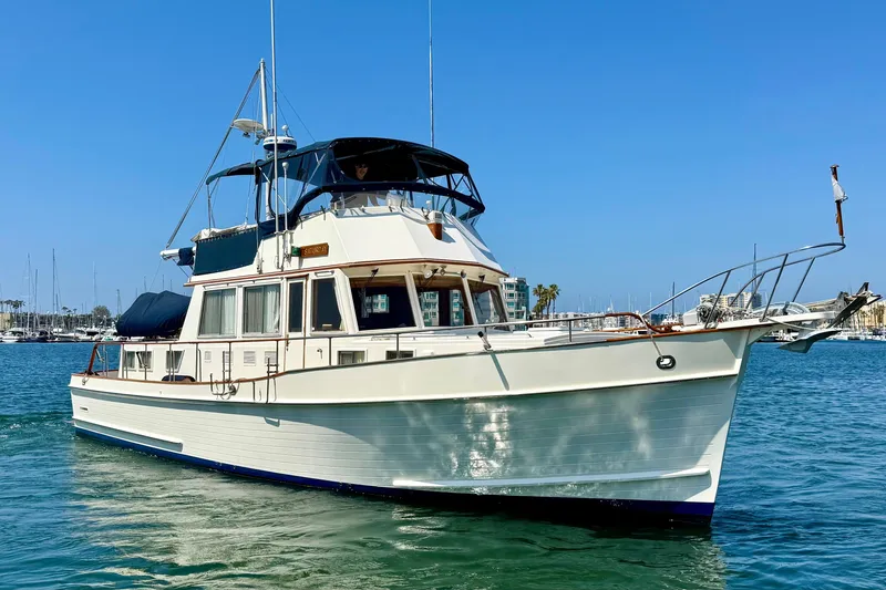 Slide: The Image of Grand Banks 46 Classic yacht, 1992 model, cruising in a sunny marina. - 3