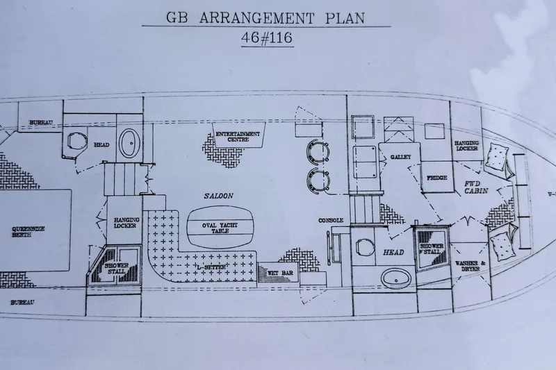 Slide: The Image of Floor plan of 1992 Grand Banks 46 Classic yacht, featuring saloon, cabins, and galley. - 74