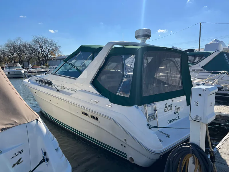 Slide: The Image of 1991 Sea Ray 310/330 Sundancer docked at marina, featuring green canopy. - 2