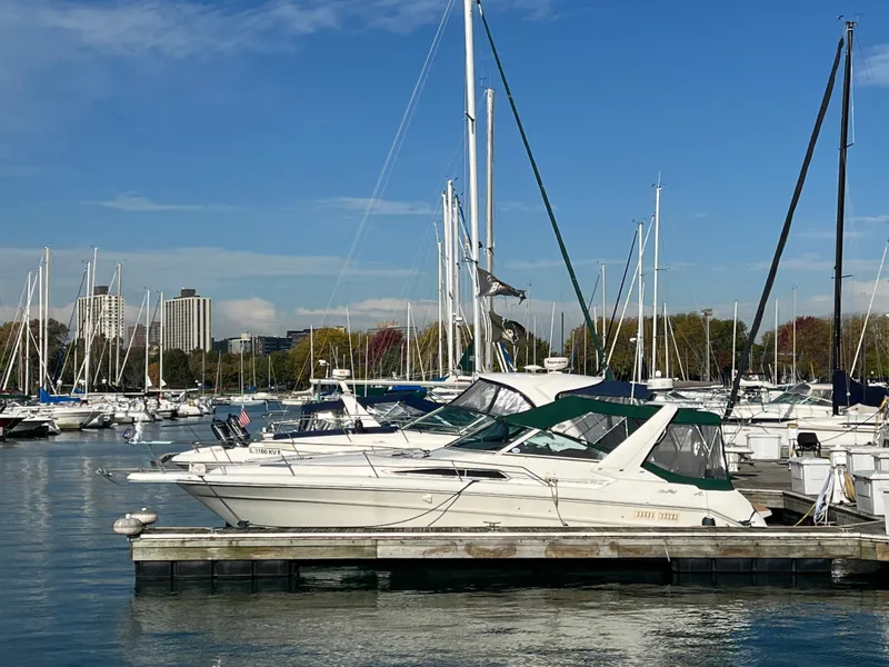 Slide: The Image of 1991 Sea Ray 310/330 Sundancer docked in a marina under a clear blue sky. - 9