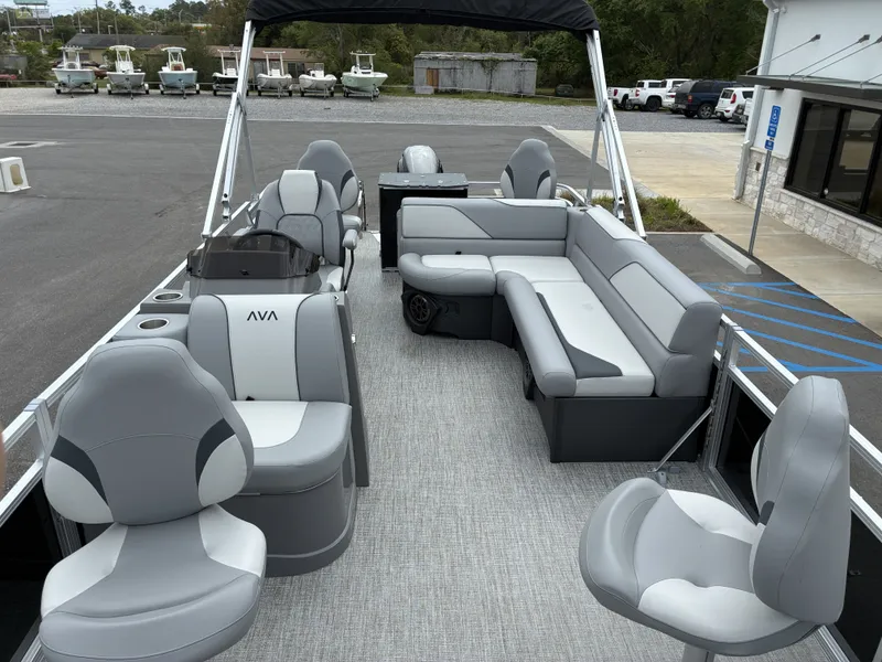 Slide: The Image of Interior of 2026 Avalon Venture Quad Fish with gray seating. - 8