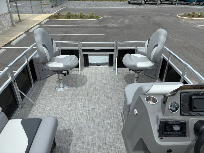 Slide: The Image of Interior of 2026 Avalon Venture Quad Fish with gray seating. - 9