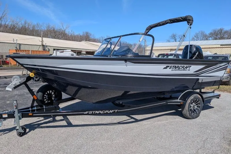Slide: The Image of 2026 Starcraft Superfisherman 186 boat on trailer, parked outdoors. - 14