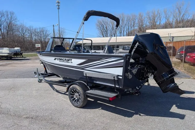 Slide: The Image of 2026 Starcraft Superfisherman 186 boat on trailer, parked outdoors. - 15